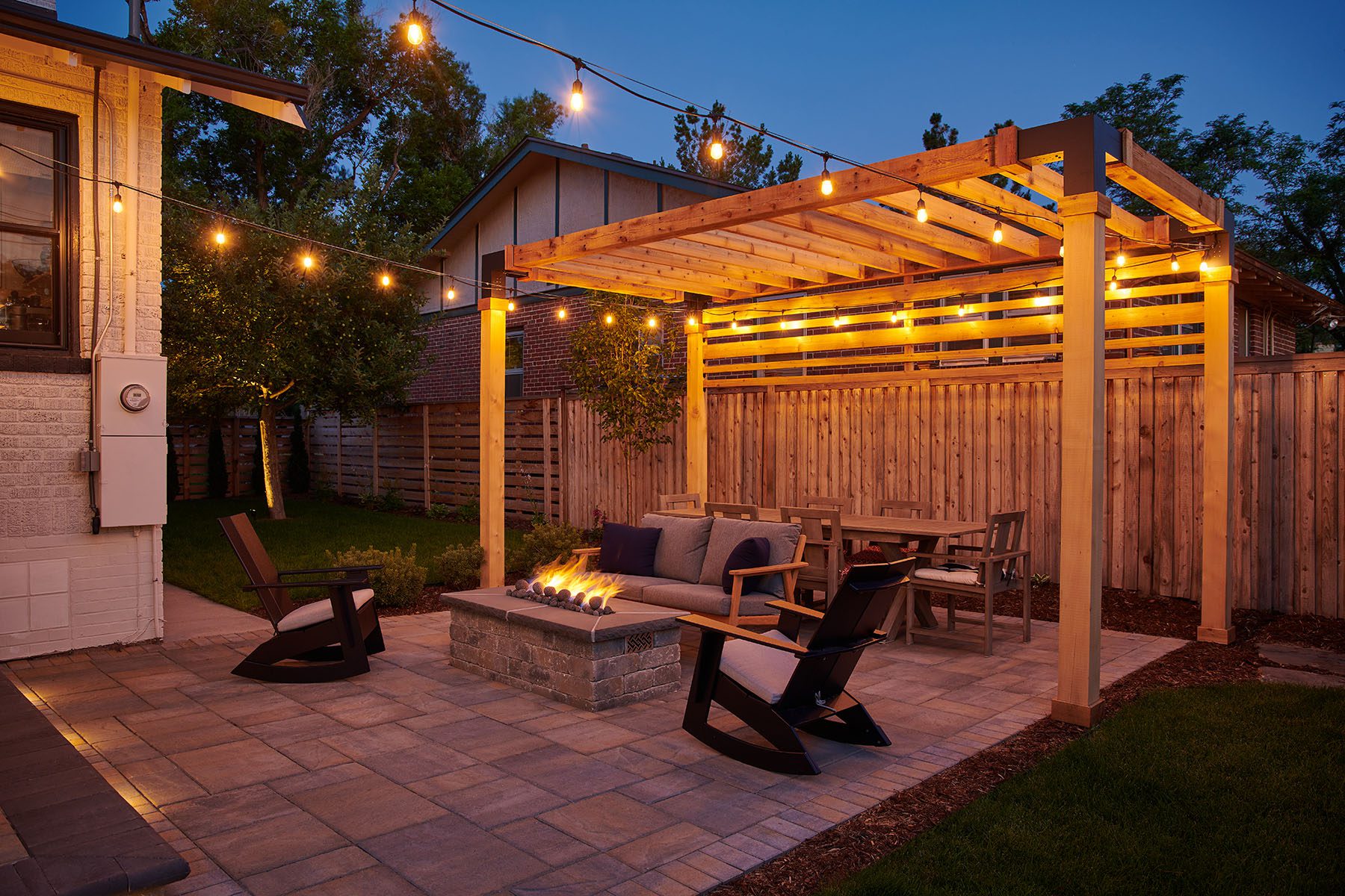 Pergola with outdoor lighting in Greenwood Village, CO