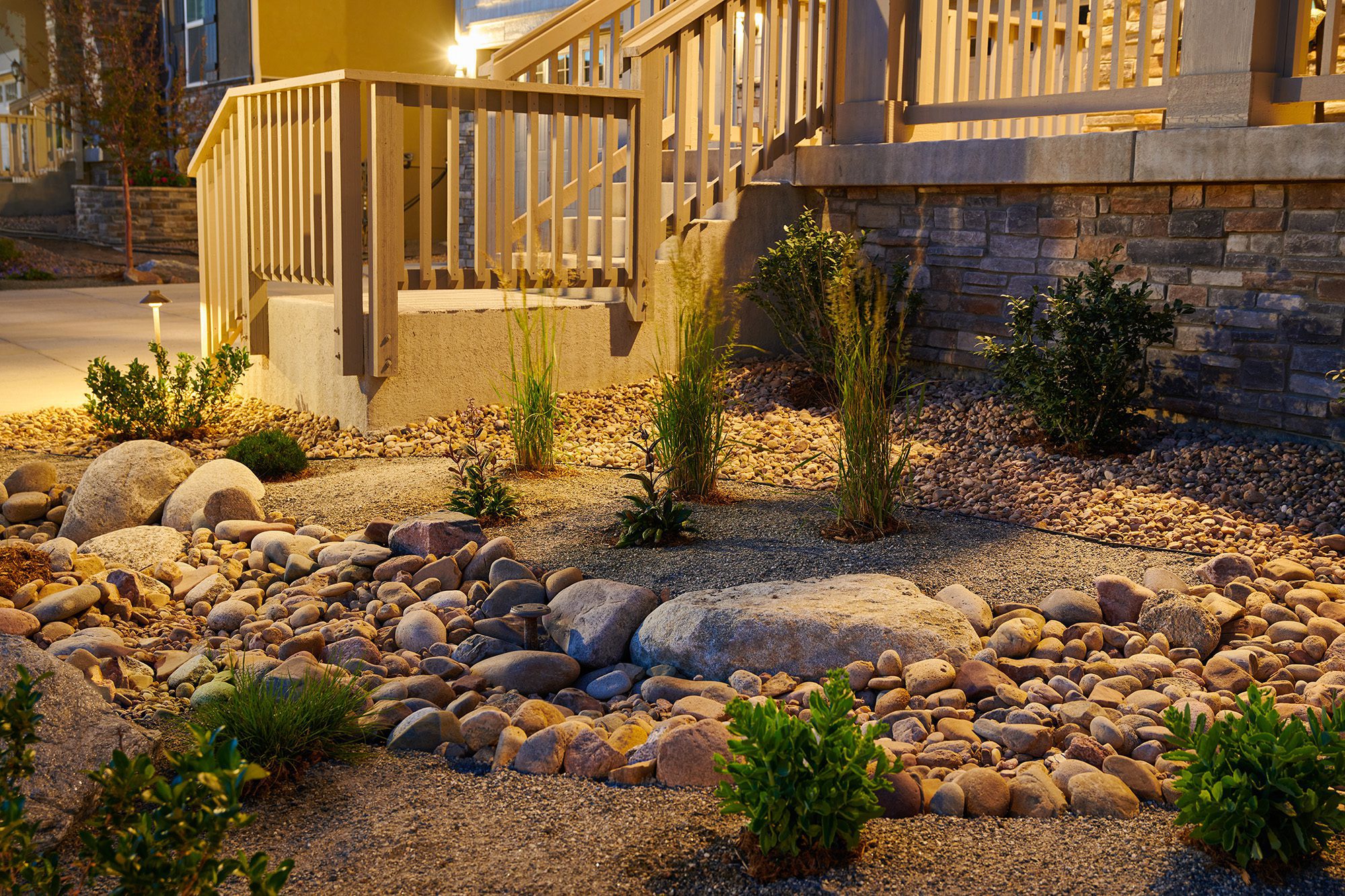 Landscape design with plantings and outdoor lighting in Greenwood Village, CO